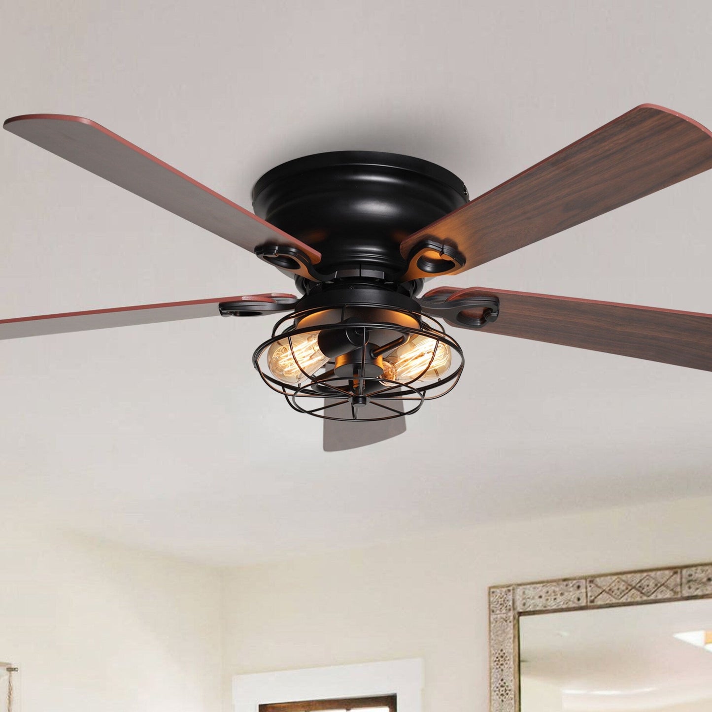 Ventilateur de plafond à 5 pales en bois de 122 cm (48 pouces) à montage encastré, style rustique, noir, avec télécommande et kit d'éclairage.