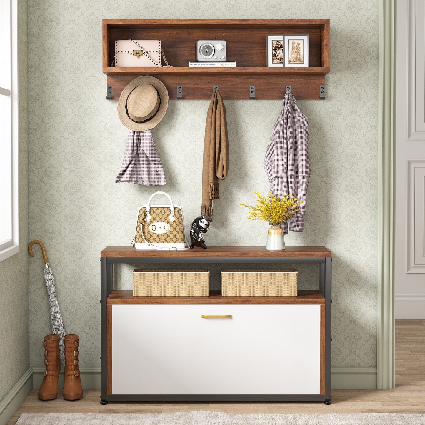 Ensemble porte-manteau et banc à chaussures pour entrée, porte-manteau et rangement de chaussures style industriel