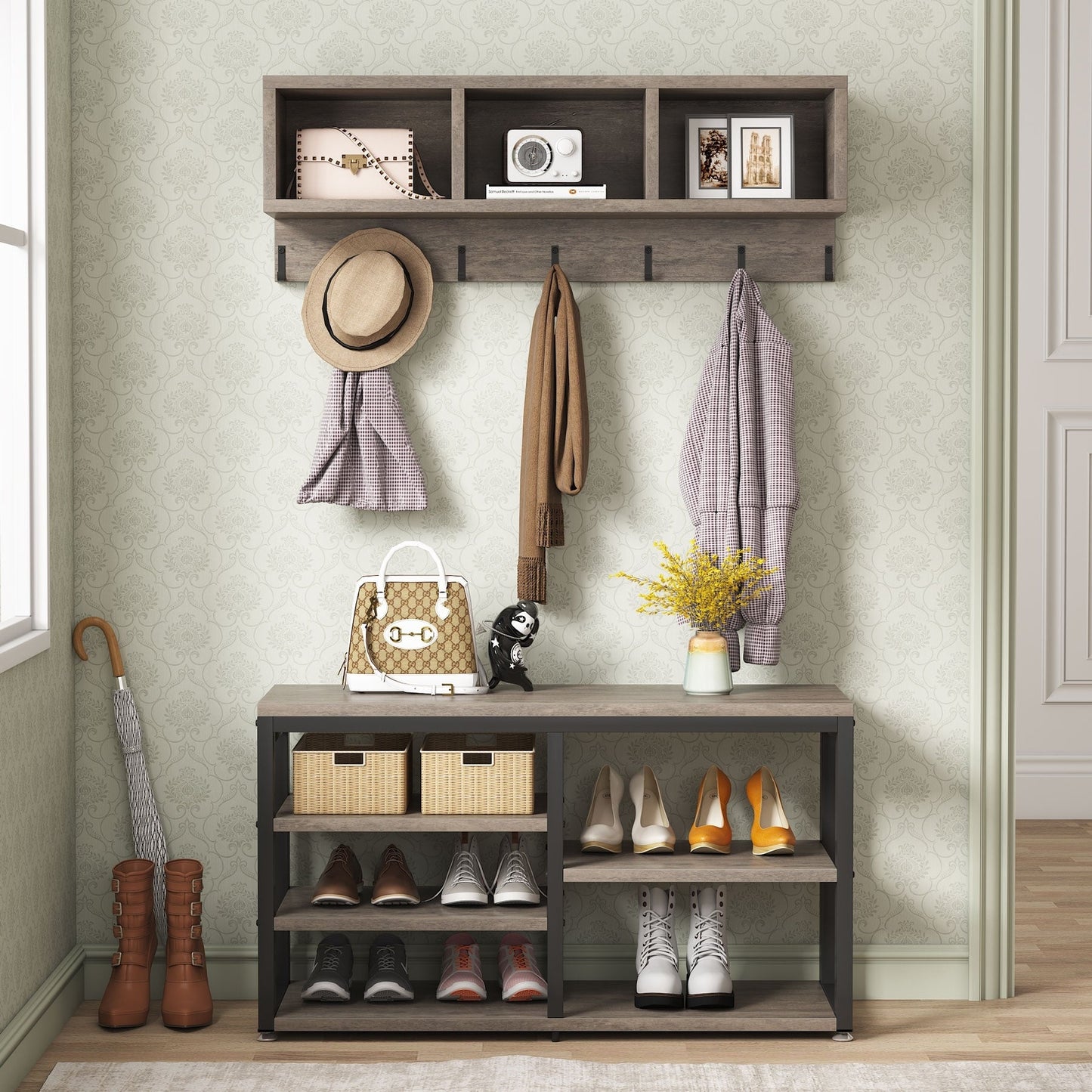 Ensemble porte-manteau et banc à chaussures pour entrée, porte-manteau et rangement de chaussures style industriel
