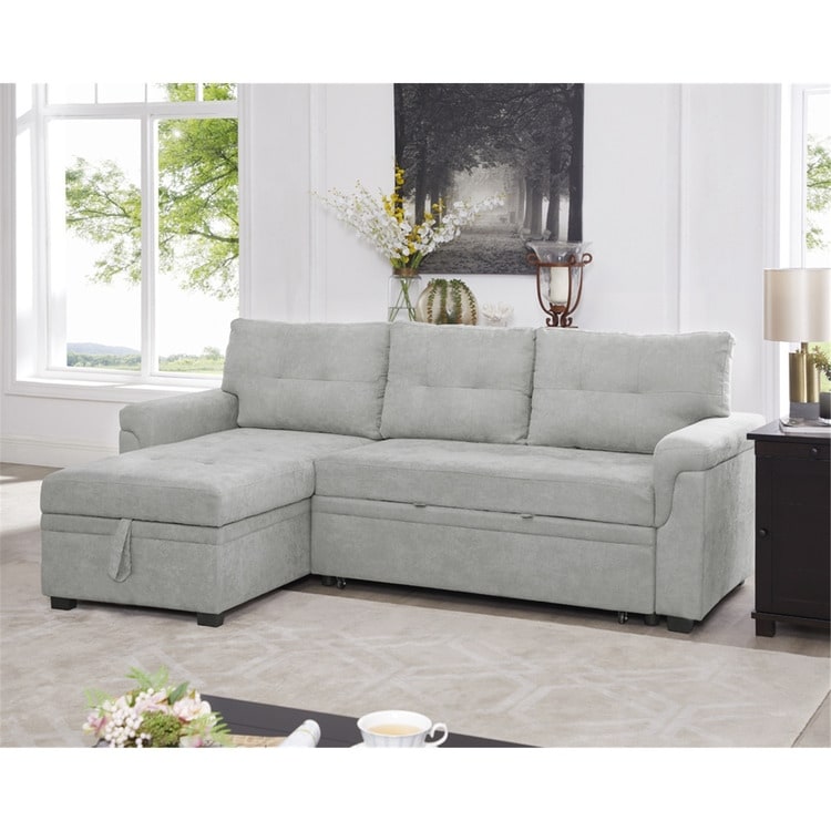 Canapé d'angle convertible et réversible avec lit escamotable, chaise longue avec rangement intégré et pieds robustes.