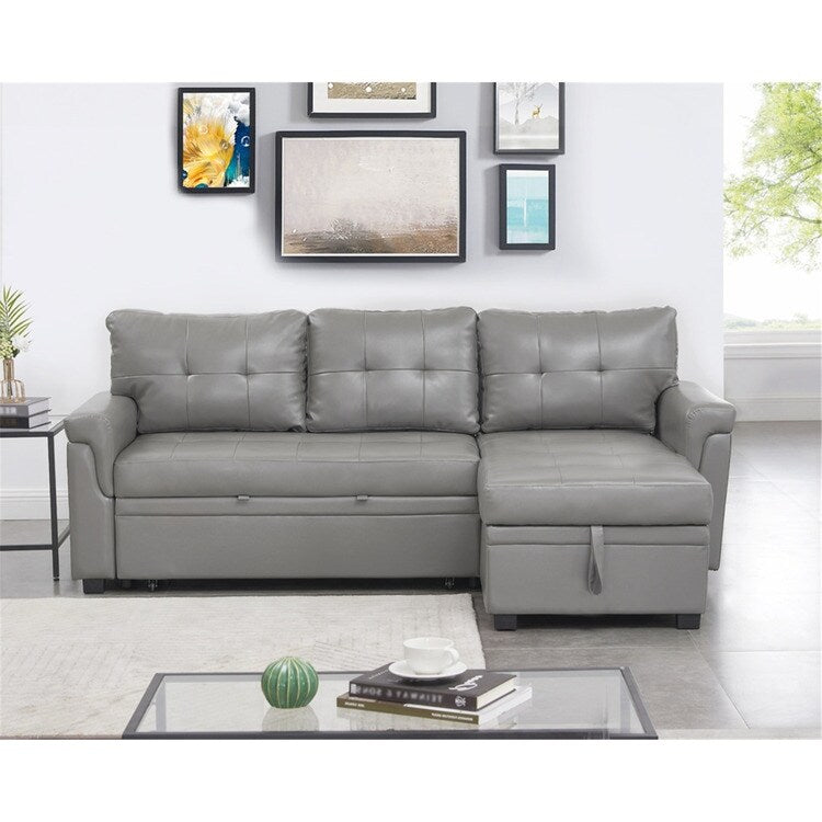 Canapé d'angle convertible et réversible avec lit escamotable, chaise longue avec rangement intégré et pieds robustes.
