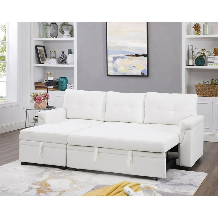 Canapé d'angle convertible et réversible avec lit escamotable, chaise longue avec rangement intégré et pieds robustes.