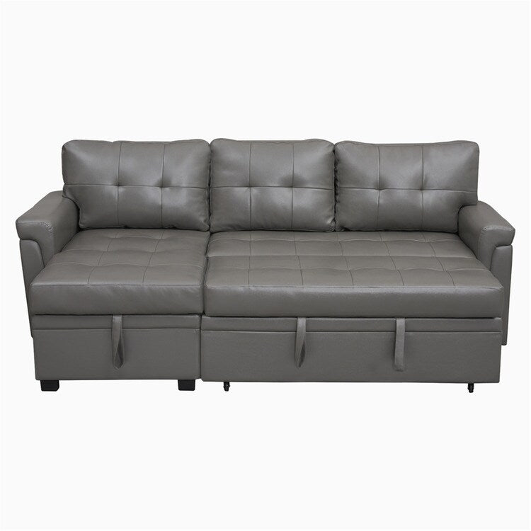 Canapé d'angle convertible et réversible avec lit escamotable, chaise longue avec rangement intégré et pieds robustes.