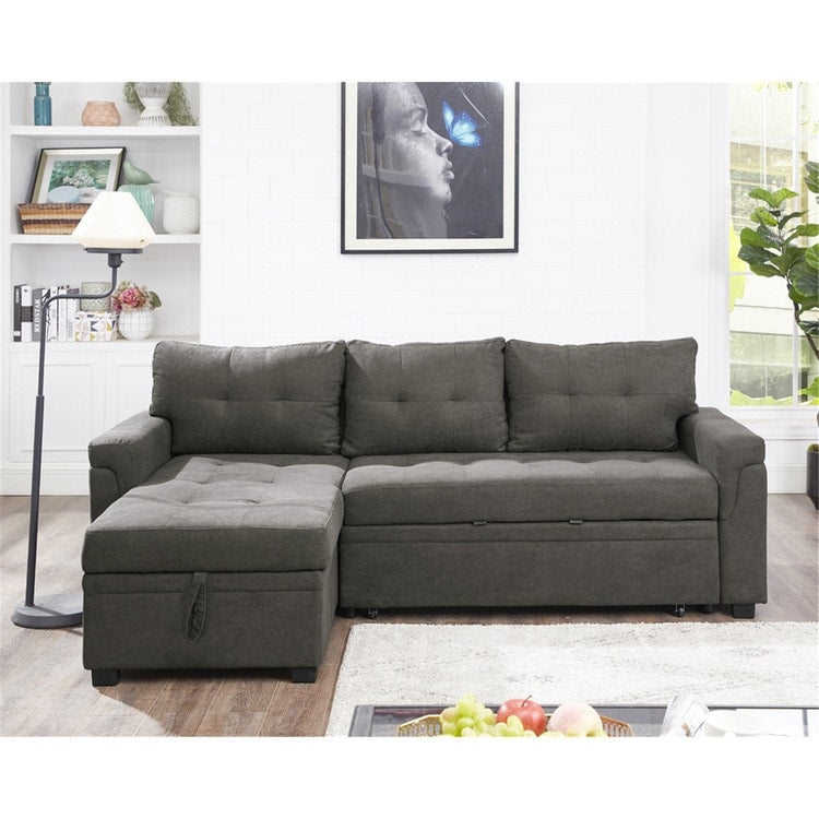 Canapé d'angle convertible et réversible avec lit escamotable, chaise longue avec rangement intégré et pieds robustes.