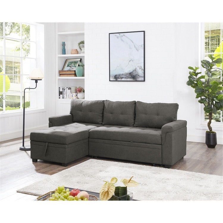 Canapé d'angle convertible et réversible avec lit escamotable, chaise longue avec rangement intégré et pieds robustes.