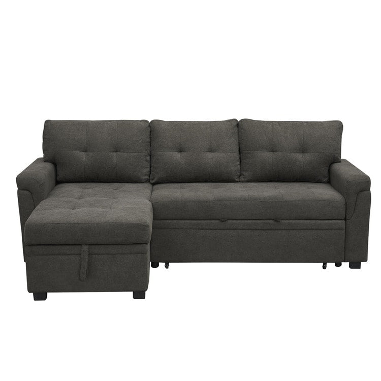 Canapé d'angle convertible et réversible avec lit escamotable, chaise longue avec rangement intégré et pieds robustes.