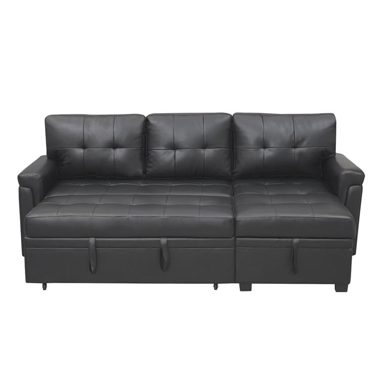 Canapé d'angle convertible et réversible avec lit escamotable, chaise longue avec rangement intégré et pieds robustes.
