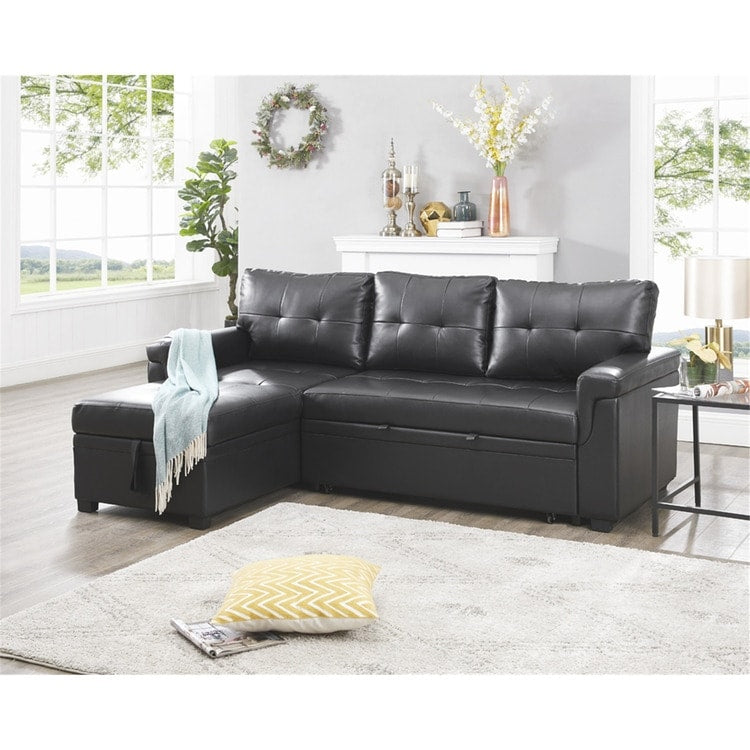 Canapé d'angle convertible et réversible avec lit escamotable, chaise longue avec rangement intégré et pieds robustes.
