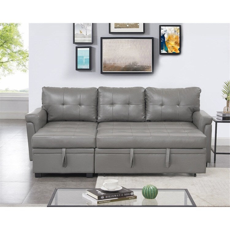 Canapé d'angle convertible et réversible avec lit escamotable, chaise longue avec rangement intégré et pieds robustes.