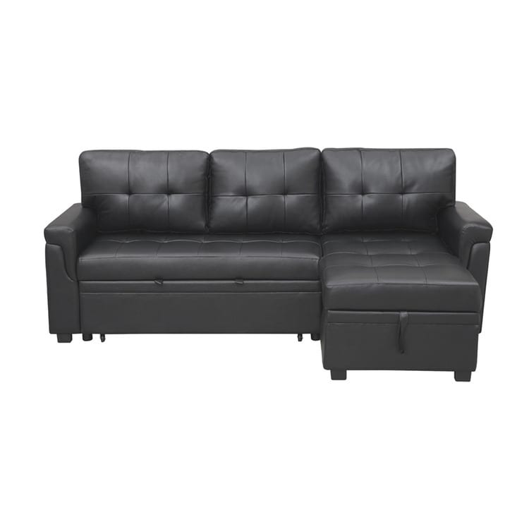 Canapé d'angle convertible et réversible avec lit escamotable, chaise longue avec rangement intégré et pieds robustes.
