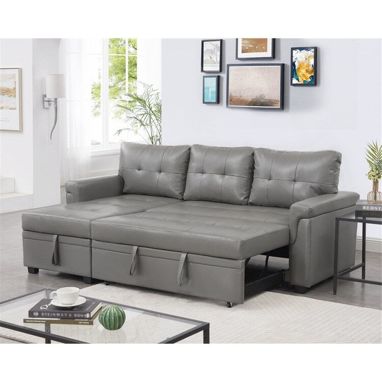 Canapé d'angle convertible et réversible avec lit escamotable, chaise longue avec rangement intégré et pieds robustes.