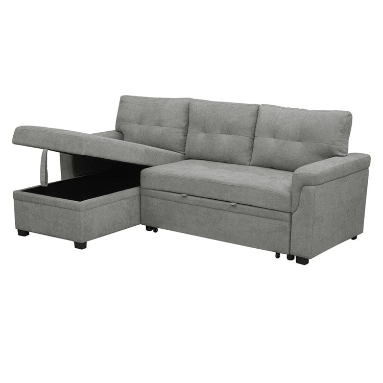 Canapé d'angle convertible et réversible avec lit escamotable, chaise longue avec rangement intégré et pieds robustes.