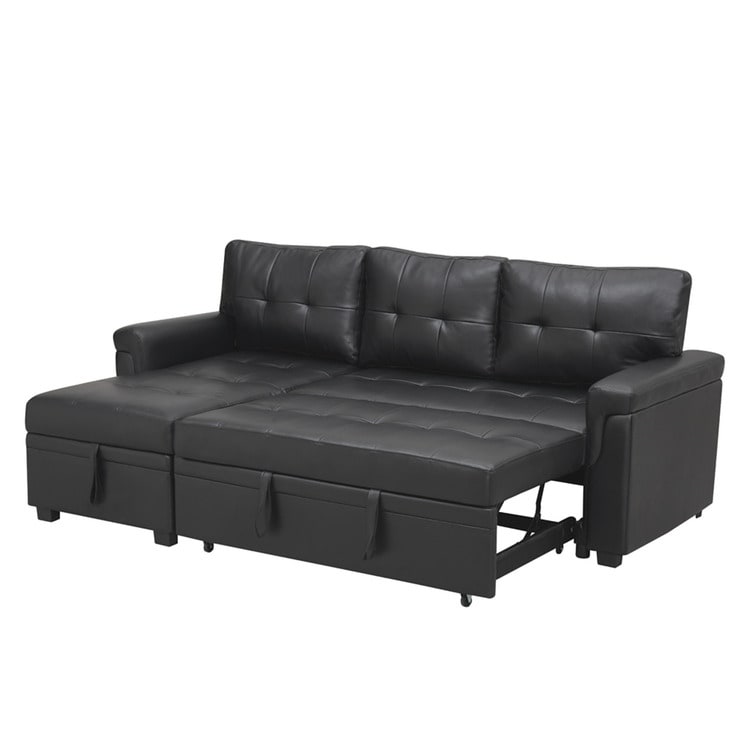 Canapé d'angle convertible et réversible avec lit escamotable, chaise longue avec rangement intégré et pieds robustes.