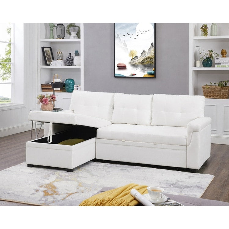 Canapé d'angle convertible et réversible avec lit escamotable, chaise longue avec rangement intégré et pieds robustes.