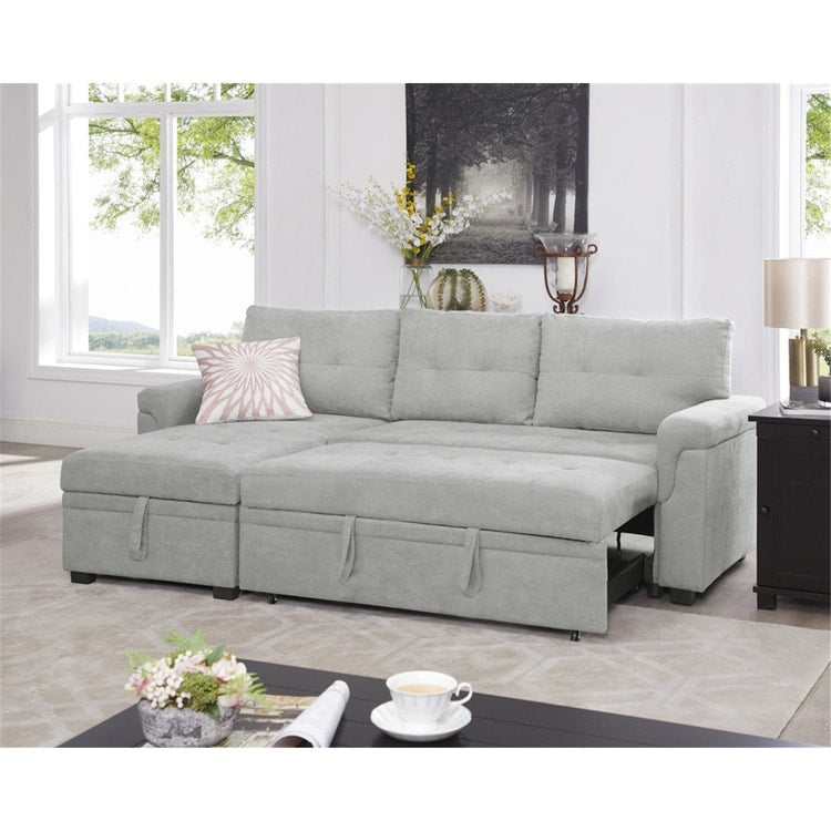 Canapé d'angle convertible et réversible avec lit escamotable, chaise longue avec rangement intégré et pieds robustes.