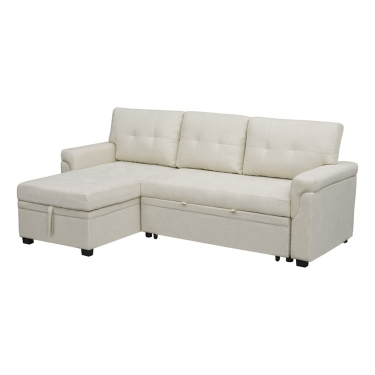 Canapé d'angle convertible et réversible avec lit escamotable, chaise longue avec rangement intégré et pieds robustes.