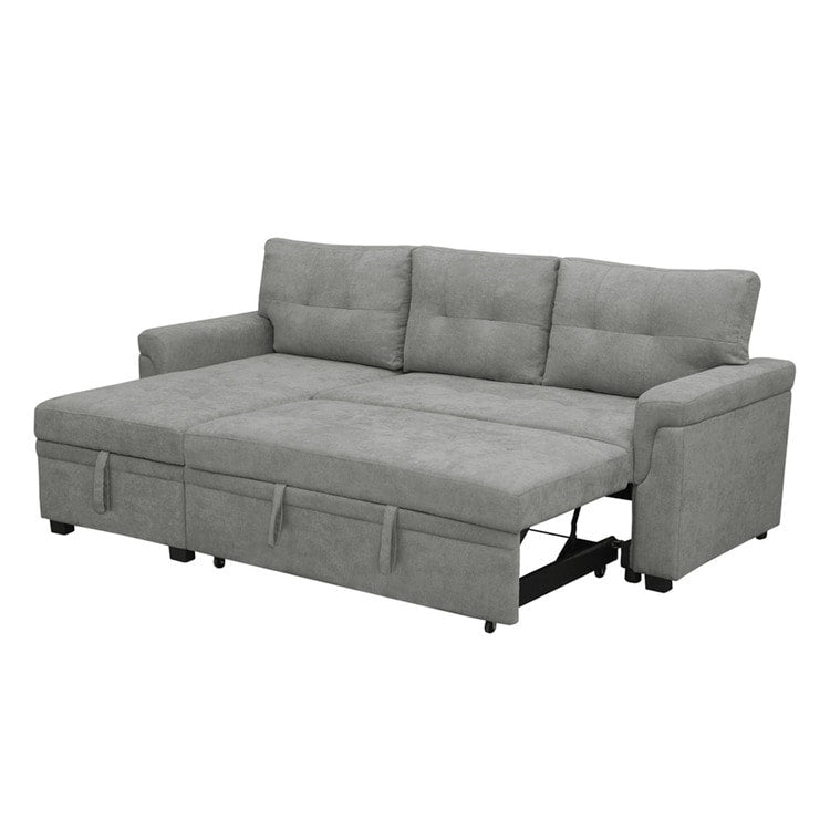 Canapé d'angle convertible et réversible avec lit escamotable, chaise longue avec rangement intégré et pieds robustes.