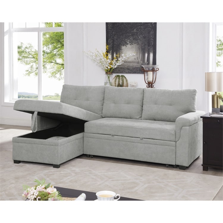 Canapé d'angle convertible et réversible avec lit escamotable, chaise longue avec rangement intégré et pieds robustes.