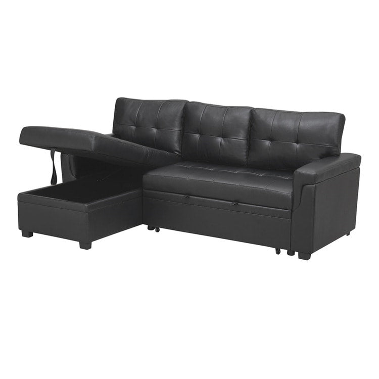 Canapé d'angle convertible et réversible avec lit escamotable, chaise longue avec rangement intégré et pieds robustes.