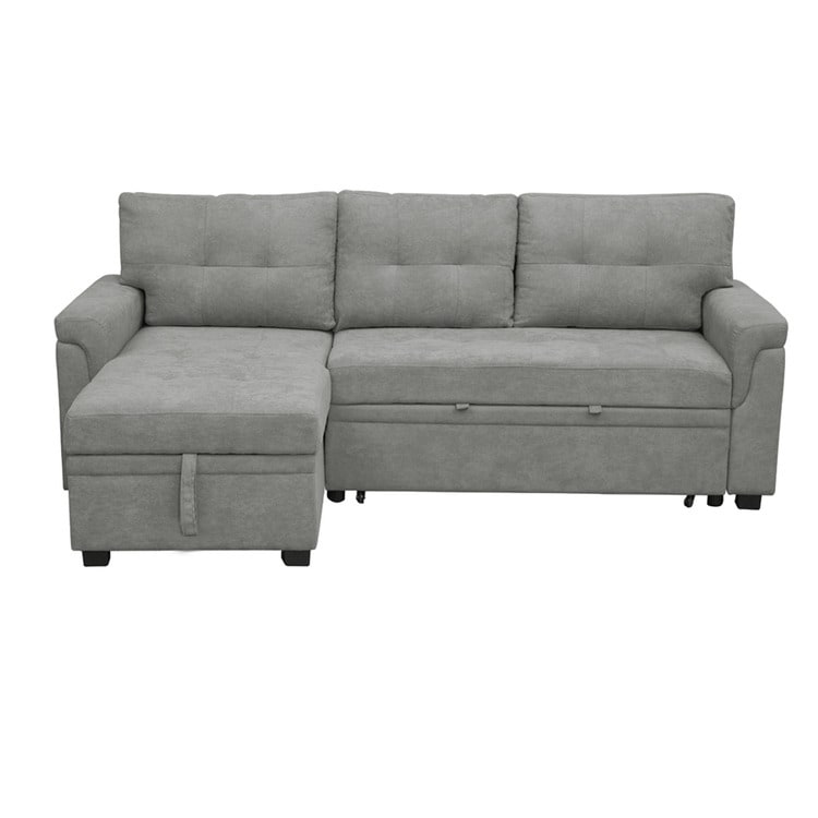 Canapé d'angle convertible et réversible avec lit escamotable, chaise longue avec rangement intégré et pieds robustes.