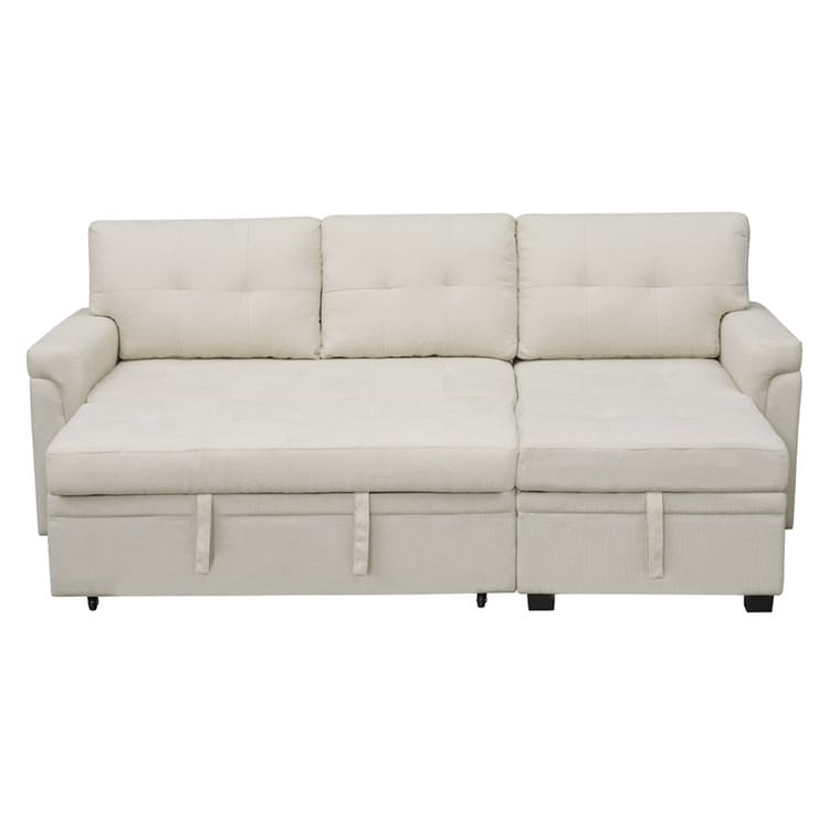 Canapé d'angle convertible et réversible avec lit escamotable, chaise longue avec rangement intégré et pieds robustes.