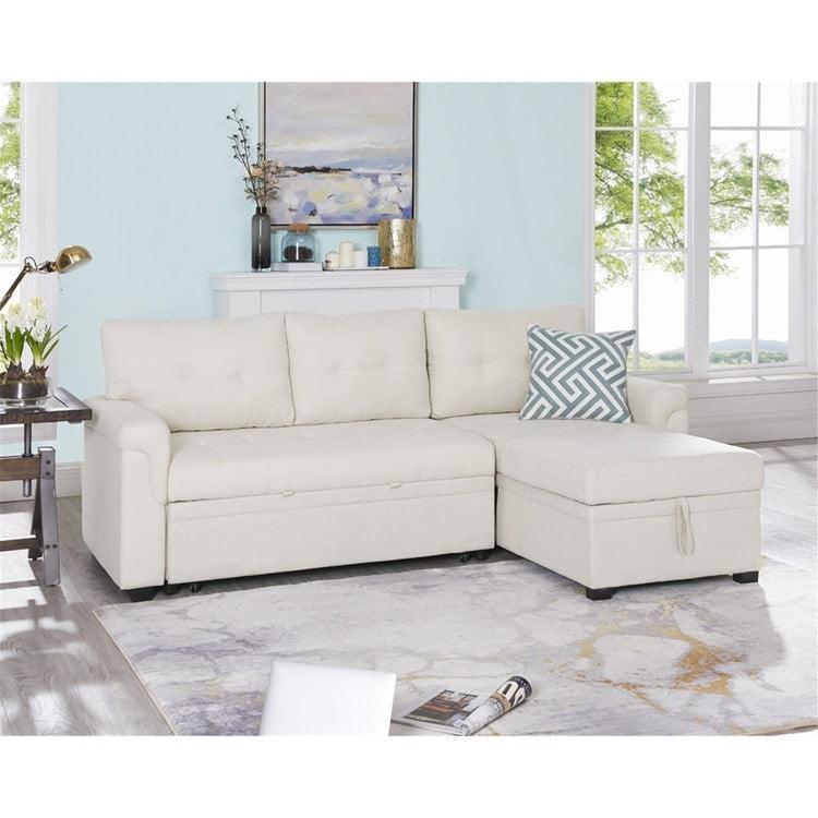 Canapé d'angle convertible et réversible avec lit escamotable, chaise longue avec rangement intégré et pieds robustes.