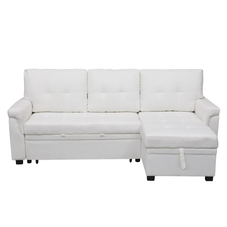 Canapé d'angle convertible et réversible avec lit escamotable, chaise longue avec rangement intégré et pieds robustes.
