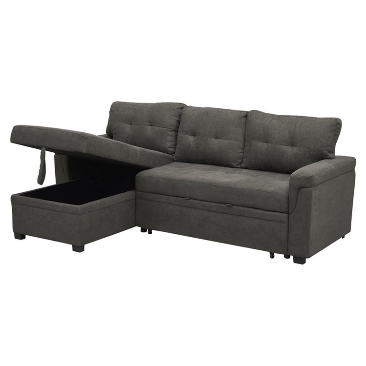 Canapé d'angle convertible et réversible avec lit escamotable, chaise longue avec rangement intégré et pieds robustes.