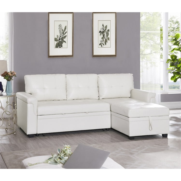 Canapé d'angle convertible et réversible avec lit escamotable, chaise longue avec rangement intégré et pieds robustes.