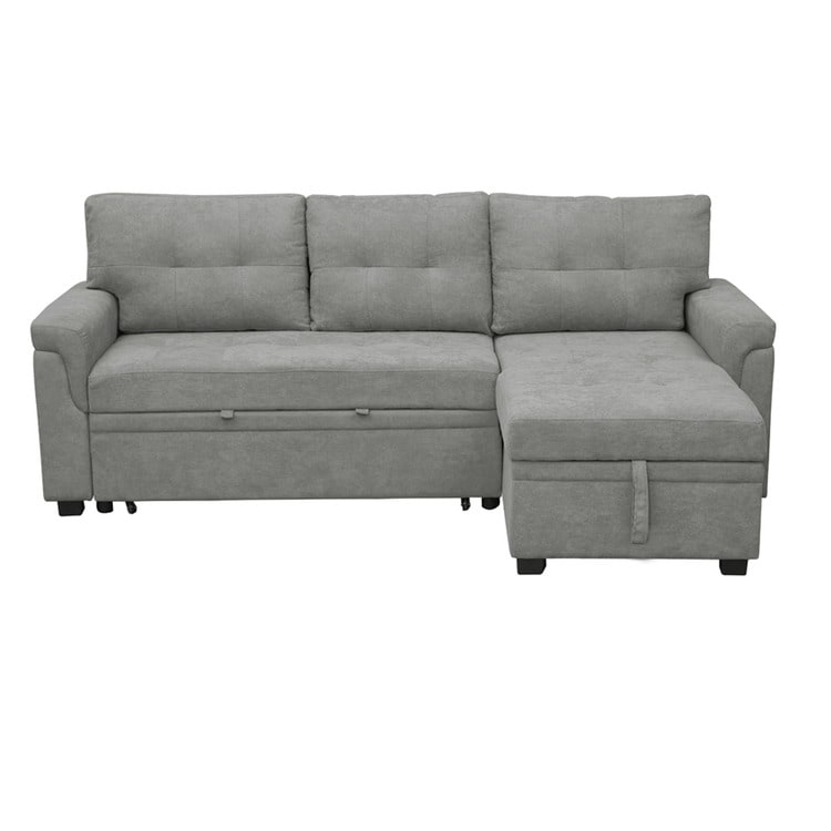 Canapé d'angle convertible et réversible avec lit escamotable, chaise longue avec rangement intégré et pieds robustes.