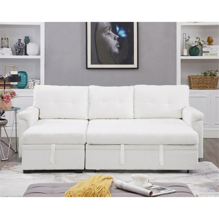Canapé d'angle convertible et réversible avec lit escamotable, chaise longue avec rangement intégré et pieds robustes.