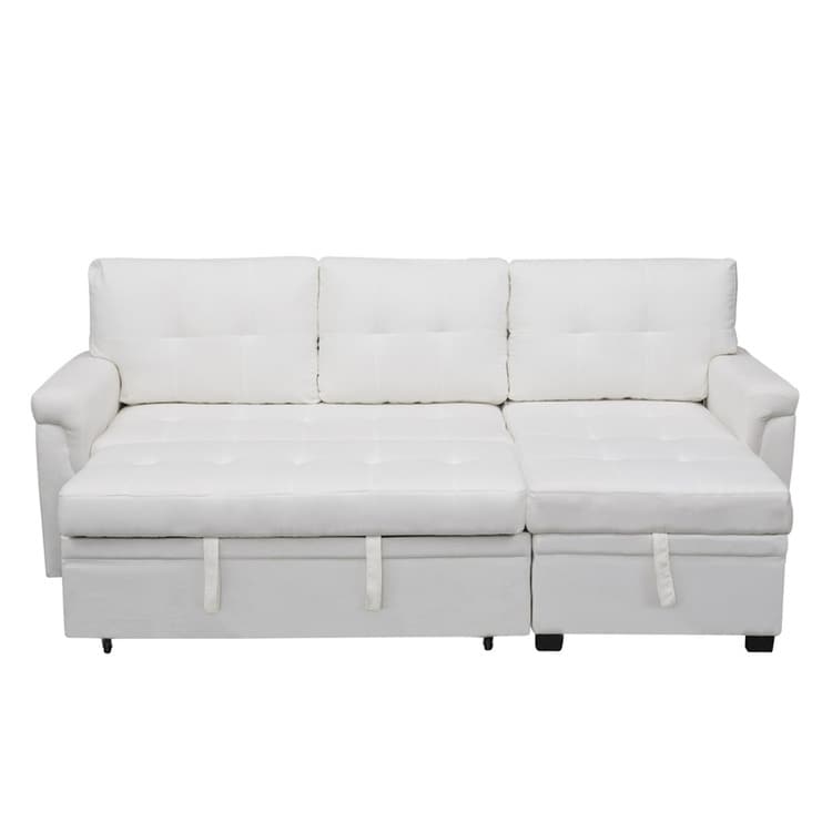 Canapé d'angle convertible et réversible avec lit escamotable, chaise longue avec rangement intégré et pieds robustes.