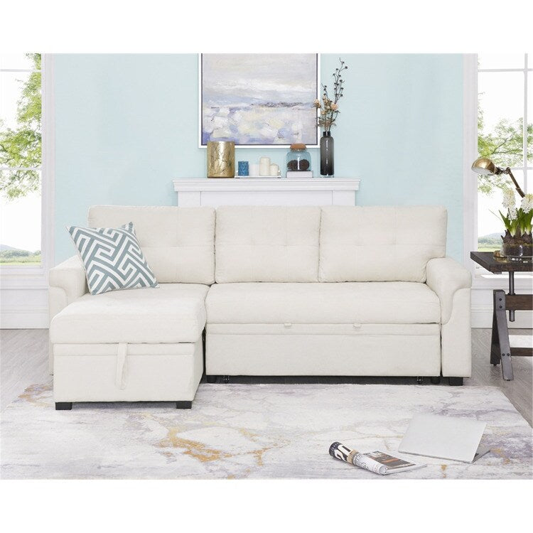 Canapé d'angle convertible et réversible avec lit escamotable, chaise longue avec rangement intégré et pieds robustes.