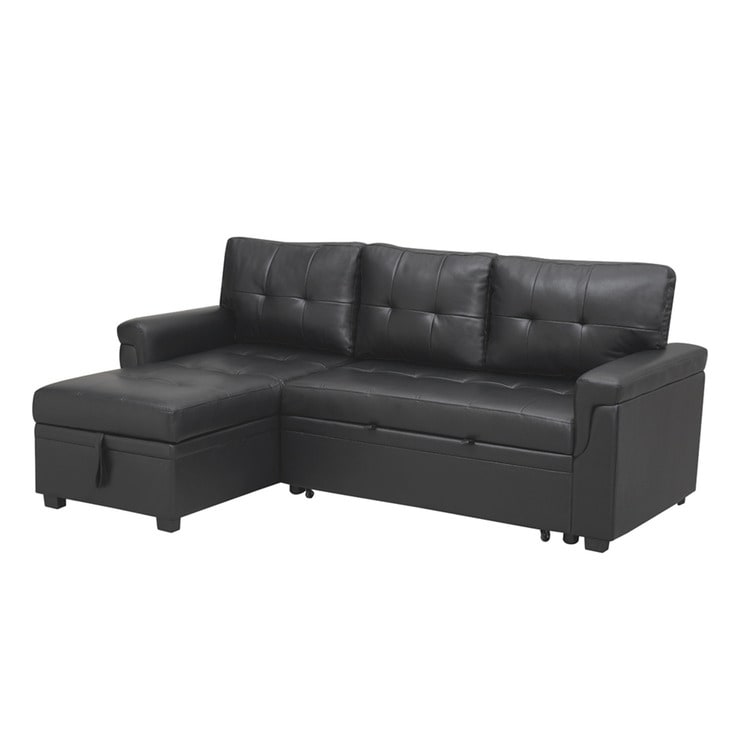 Canapé d'angle convertible et réversible avec lit escamotable, chaise longue avec rangement intégré et pieds robustes.