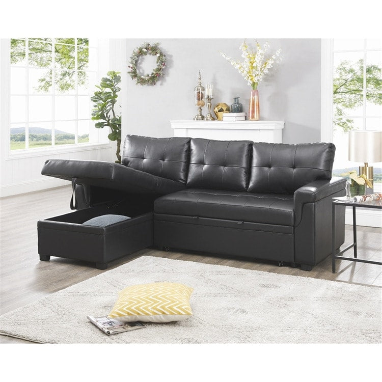 Canapé d'angle convertible et réversible avec lit escamotable, chaise longue avec rangement intégré et pieds robustes.
