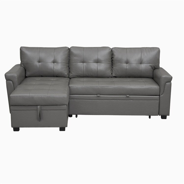 Canapé d'angle convertible et réversible avec lit escamotable, chaise longue avec rangement intégré et pieds robustes.