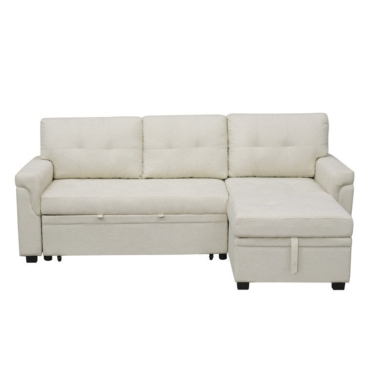 Canapé d'angle convertible et réversible avec lit escamotable, chaise longue avec rangement intégré et pieds robustes.
