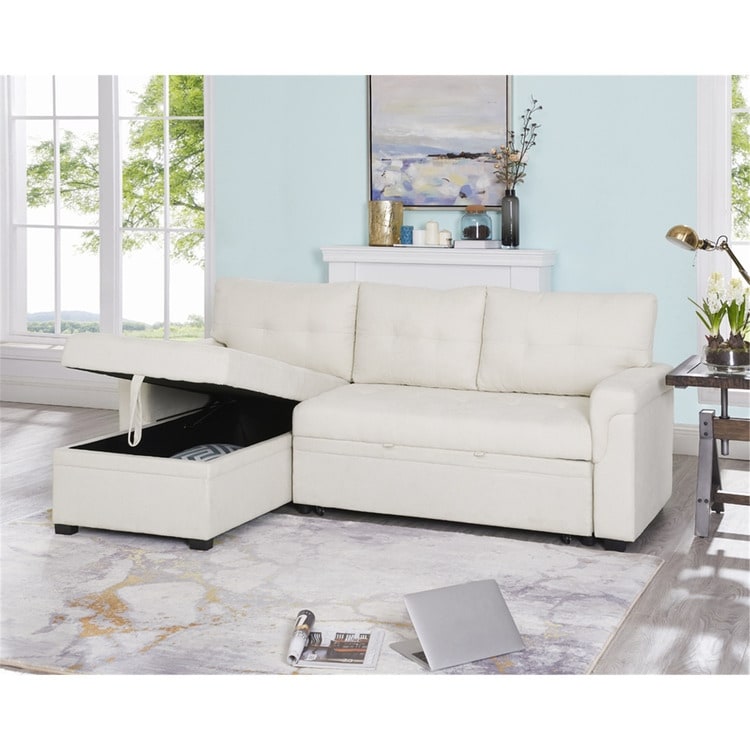 Canapé d'angle convertible et réversible avec lit escamotable, chaise longue avec rangement intégré et pieds robustes.