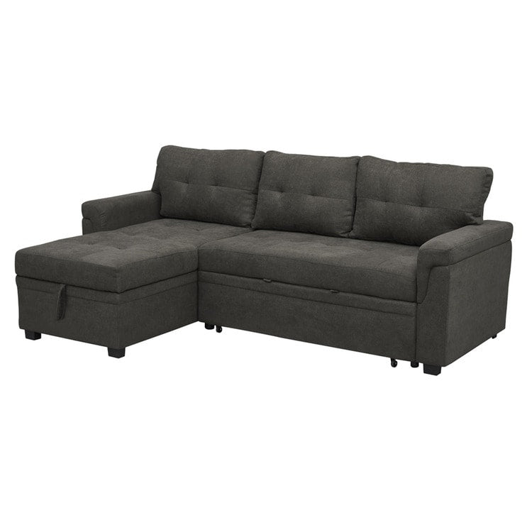 Canapé d'angle convertible et réversible avec lit escamotable, chaise longue avec rangement intégré et pieds robustes.