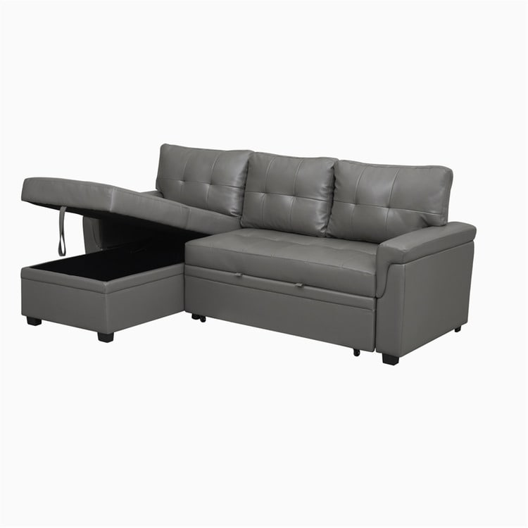 Canapé d'angle convertible et réversible avec lit escamotable, chaise longue avec rangement intégré et pieds robustes.
