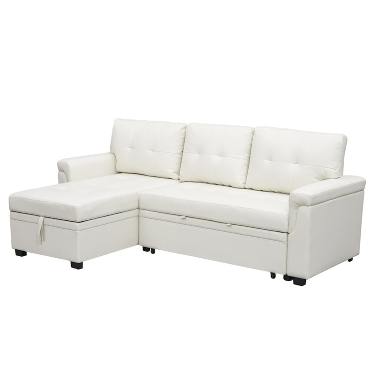 Canapé d'angle convertible et réversible avec lit escamotable, chaise longue avec rangement intégré et pieds robustes.