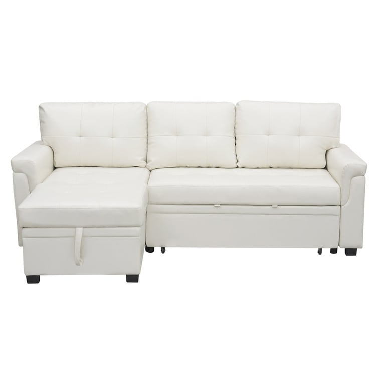 Canapé d'angle convertible et réversible avec lit escamotable, chaise longue avec rangement intégré et pieds robustes.