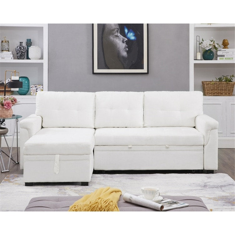 Canapé d'angle convertible et réversible avec lit escamotable, chaise longue avec rangement intégré et pieds robustes.