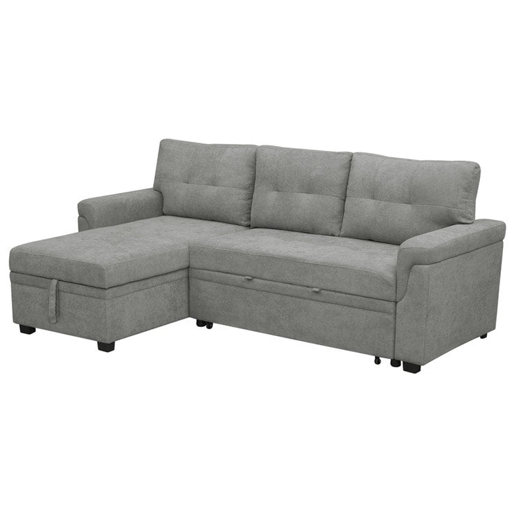 Canapé d'angle convertible et réversible avec lit escamotable, chaise longue avec rangement intégré et pieds robustes.