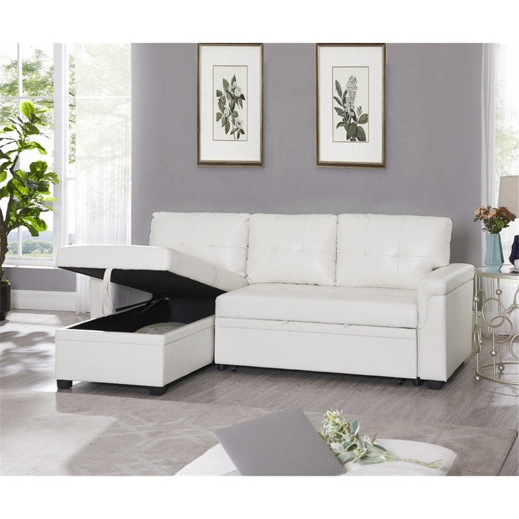 Canapé d'angle convertible et réversible avec lit escamotable, chaise longue avec rangement intégré et pieds robustes.
