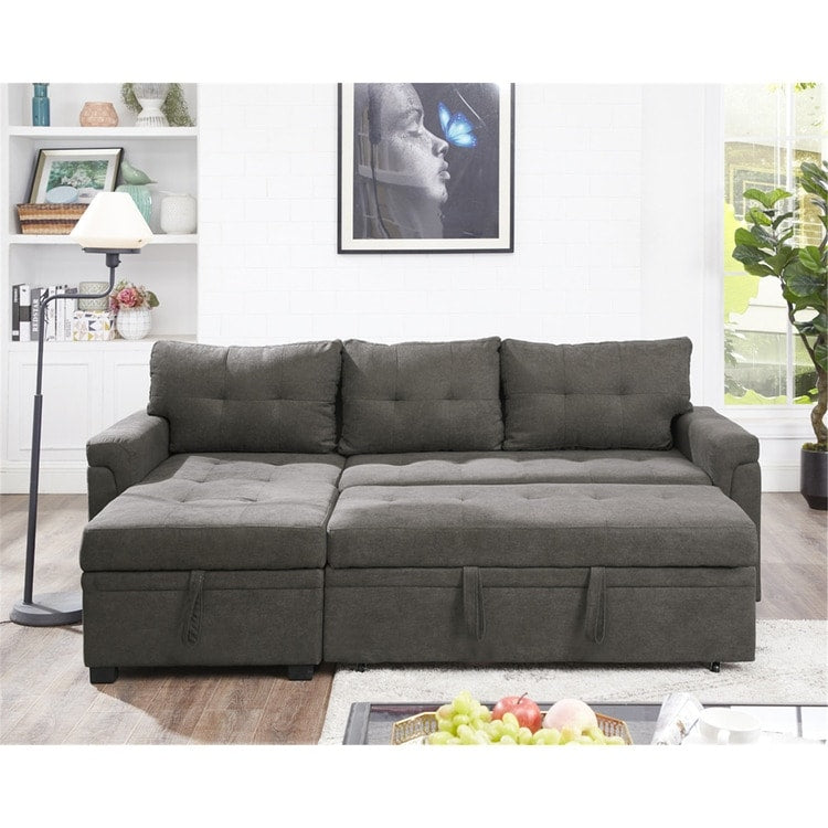 Canapé d'angle convertible et réversible avec lit escamotable, chaise longue avec rangement intégré et pieds robustes.