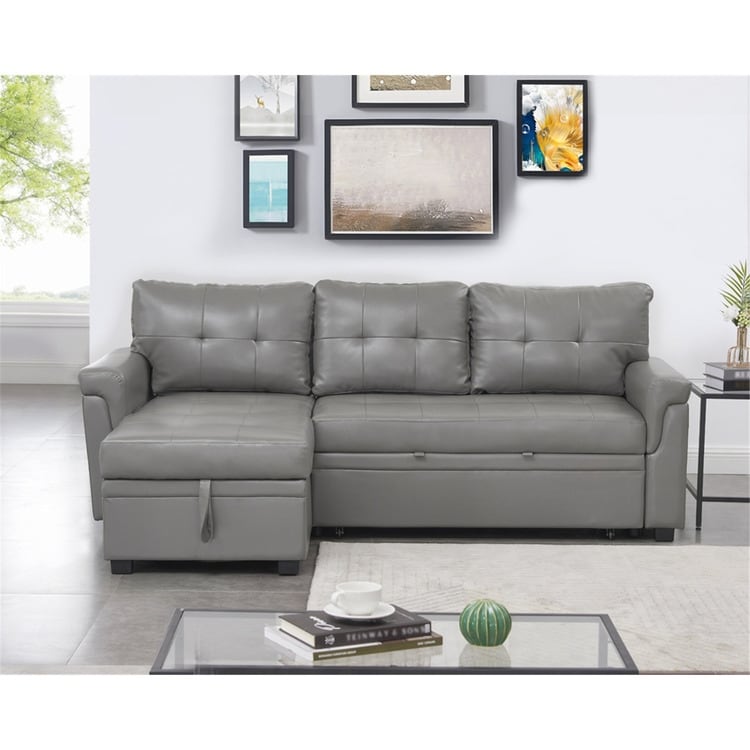 Canapé d'angle convertible et réversible avec lit escamotable, chaise longue avec rangement intégré et pieds robustes.