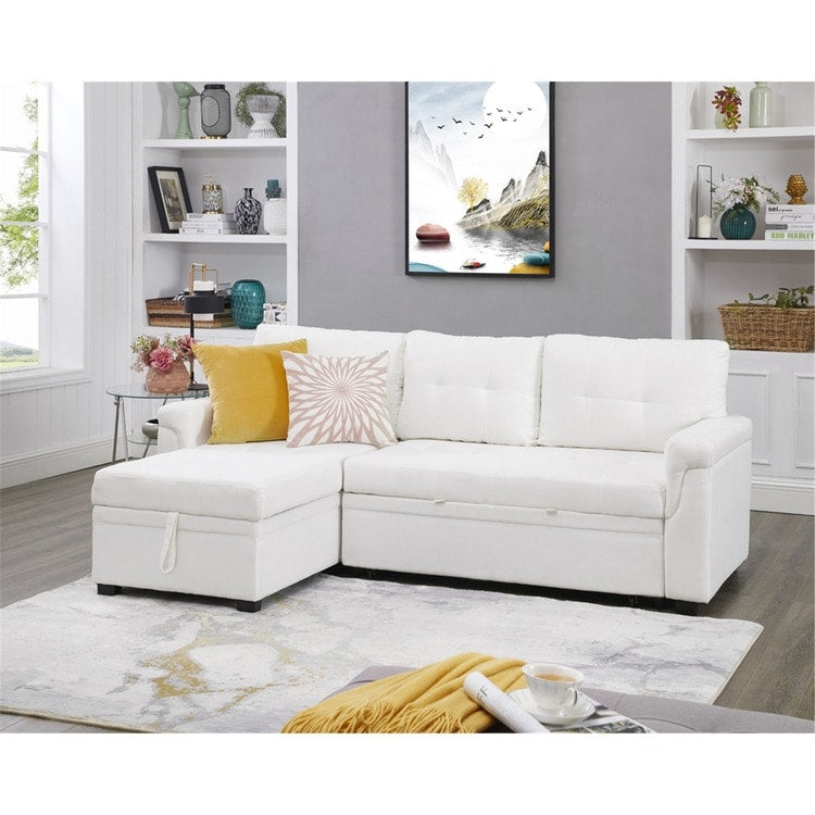 Canapé d'angle convertible et réversible avec lit escamotable, chaise longue avec rangement intégré et pieds robustes.