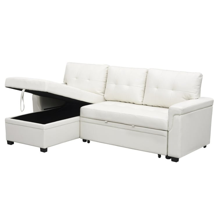 Canapé d'angle convertible et réversible avec lit escamotable, chaise longue avec rangement intégré et pieds robustes.