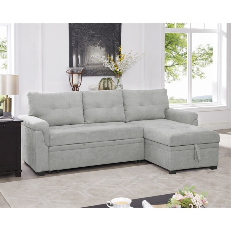 Canapé d'angle convertible et réversible avec lit escamotable, chaise longue avec rangement intégré et pieds robustes.